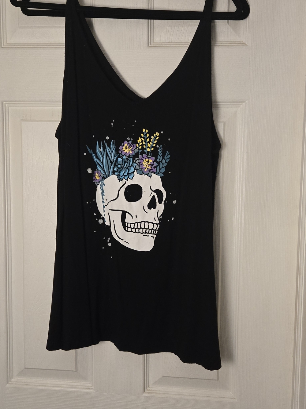 Torrid Black Tank Top with White Skull and Blue-Yellow Floral Crown